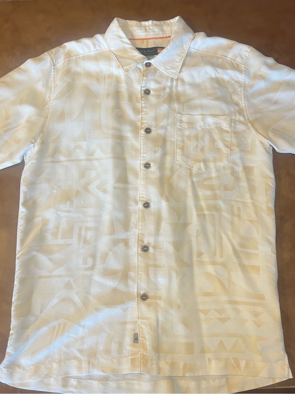 Quicksilver Men's Cream Patterned Short-Sleeve Button-Up shirt; Used